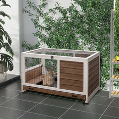 PawHut Indoor Rabbit Enclosure, on Wheels, Indoor Bunny Cage Small Animal House with Pull Out Tray Casters Ramp, 35.5" x 21" x 23", Brown