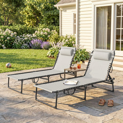 Outsunny 2 Folding Chaise Lounge Pool Chairs with 4-Position Reclining Back, Pillow, Breathable Mesh & Bungee Seat, Dark Blue