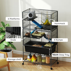 PawHut 59" 5-Level Small Animal Cage, Rolling Ferret Cage with 6.3" Deep Tray, Non-Slip Cloth Covered Ramps, Hammock, Dark Gray