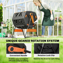 Outsunny Compost Bin Outdoor, 53 Gal Dual Chamber Tumbling Composter with Adjustable Vents, BPA Free Tumbling Composter, Orange