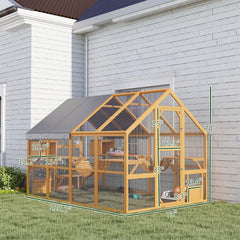 PawHut Wooden Catio Outdoor Cat Enclosure, Large Cat House with Waterproof Cover, 2 Condos, 6 Platforms, Bridge, Doors, Yellow