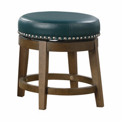 Round Swivel Stools Set of 2, Green Faux Leather 360-degree Swivel Seat Nailhead Trim Solid Wood Frame Brown Finish Furniture