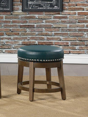 Round Swivel Stools Set of 2, Green Faux Leather 360-degree Swivel Seat Nailhead Trim Solid Wood Frame Brown Finish Furniture