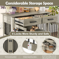 44.48" Large Dog Crate Furniture, Indoor Wooden Dog Kennel End Table with 2 Storage Drawers and Rotating Bowls, Decorative Pet Cage Dog House for Medium Dogs, Gray