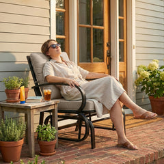 Outsunny Patio Glider, Outdoor Glider Chair with Cushions, Steel Frame, Curved Armrests, Beige