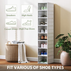 HOMCOM Stackable Plastic Shoe Boxes, 8 Pack Foldable Shoe Storage Boxes with Clear Door, No Assembly, Fit Size 10, White