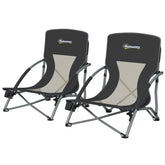 Outsunny Set of 2 Folding Beach Chairs with Mesh Back, Carry Bag and Cup Holder for Outdoor Camping Lawn Sports Picnic, Black