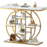 HOMCOM 39.4" Console Table with Storage Shelves, Industrial Sofa Table for Living Room, Hallway, White Marble Effect