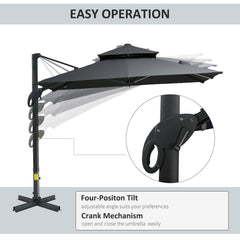 Outsunny 10ft Offset Patio Umbrella, Hanging Cantilever Umbrella, Square Shape, Aluminum Cross Base, Tilt, 360-Degree Rotation, Gray