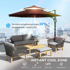 Outsunny 11ft Cantilever Patio Umbrella with Base, Double Top Hanging Aluminum Offset Umbrella with 360° Rotation, Easy Tilt, 8 Ribs, Crank, Cross Base for Backyard, Brown