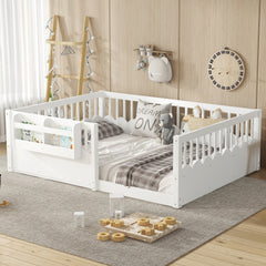 Full Floor bed with Heightened Fence and bookshelf ,Wood Floor Bed for Kids,White.