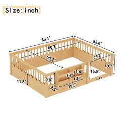 Queen Floor bed with Heightened Fence and bookshelf ,Wood Floor Bed for Kids, Natural.