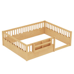 Queen Floor bed with Heightened Fence and bookshelf ,Wood Floor Bed for Kids, Natural.