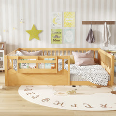 Queen Floor bed with Heightened Fence and bookshelf ,Wood Floor Bed for Kids, Natural.