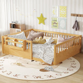 Queen Floor bed with Heightened Fence and bookshelf ,Wood Floor Bed for Kids, Natural.