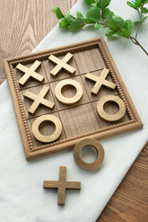 12.2x12.2" Wooden Tic-Tac-Toe Game Set with Brown and Gold Finish