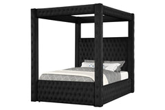 1pc Majestic Canopy Four-poster King Bed Tufted Headboard and Footboard Black Rich Velvet Fabric Bedroom Furniture Modern