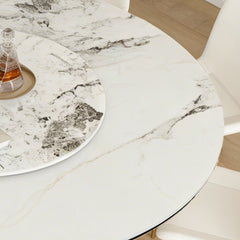 59" Round Sintered Stone Dining Table Set with Gold Stainless Steel Hourglass Base & 8 White Padded Chairs - Modern Luxury Marble-Look Kitchen Table for 6-8 People, Scratch & Heat Resistant Surface