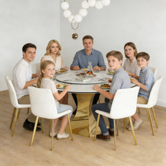 59" Round Sintered Stone Dining Table Set with Gold Stainless Steel Hourglass Base & 8 White Padded Chairs - Modern Luxury Marble-Look Kitchen Table for 6-8 People, Scratch & Heat Resistant Surface