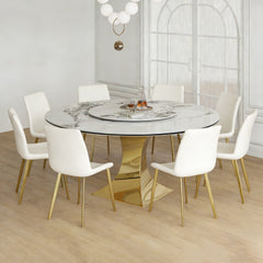59" Round Sintered Stone Dining Table Set with Gold Stainless Steel Hourglass Base & 8 White Padded Chairs - Modern Luxury Marble-Look Kitchen Table for 6-8 People, Scratch & Heat Resistant Surface