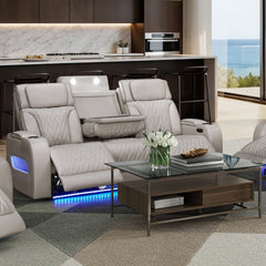 Jazz 84"W Ice Leather Aire Transformer Power Reclining Sofa with Power Headrest, LED Lights, Wireless Charging Drop-Down Table, USB & USB-C Ports, Storage & Cupholders