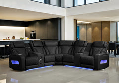Jazmina 117"W Black Leather Aire Transformer Power Reclining Sectional Sofa with Power Headrest, Bluetooth Speakers, LED Lights, USB & USB-C Ports, Storage & Cupholders