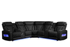 Jazmina 117"W Black Leather Aire Transformer Power Reclining Sectional Sofa with Power Headrest, Bluetooth Speakers, LED Lights, USB & USB-C Ports, Storage & Cupholders