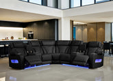 Jazmina 117"W Black Leather Aire Transformer Power Reclining Sectional Sofa with Power Headrest, Bluetooth Speakers, LED Lights, USB & USB-C Ports, Storage & Cupholders
