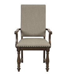 Traditional Classic Brown Armchairs Set of 2 Beige Fabric Upholstered Nailhead Trim Wooden Dining Room Furniture