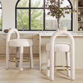 Penny 26.5" Round Arched Upholstered Counter Stool, Set of 2, Travertine Beige Chenille