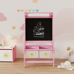 Qaba Art Easel for Kids, Double-Sided Whiteboard & Chalkboard with Paper Roll, Storage Baskets for Toddlers Ages 3-8, Pink