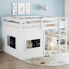 Full Size loft bed with a playful sliding chalkboard, built-in bookshelf, and high-quality safety rails, White
