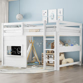 Full Size loft bed with a playful sliding chalkboard, built-in bookshelf, and high-quality safety rails, White