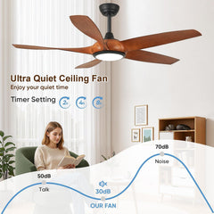 56 Inch 5 PCS ABS Blades Ceiling Fan With Light Kit 3 Color LED Light Source, DC 6 Speed ,Remote Control Ceiling Fan for Patio Living Room, Bedroom, Office,Indoor.(( Matte Black + Wood color)