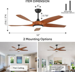56 Inch 5 PCS ABS Blades Ceiling Fan With Light Kit 3 Color LED Light Source, DC 6 Speed ,Remote Control Ceiling Fan for Patio Living Room, Bedroom, Office,Indoor.(( Matte Black + Wood color)