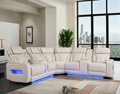 Jazmina 117"W Ice White Leather Aire Transformer Power Reclining Sectional Sofa with Power Headrest, Bluetooth Speakers, LED Lights, USB & USB-C Ports, Storage & Cupholders