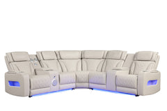 Jazmina 117"W Ice White Leather Aire Transformer Power Reclining Sectional Sofa with Power Headrest, Bluetooth Speakers, LED Lights, USB & USB-C Ports, Storage & Cupholders