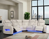 Jazmina 117"W Ice White Leather Aire Transformer Power Reclining Sectional Sofa with Power Headrest, Bluetooth Speakers, LED Lights, USB & USB-C Ports, Storage & Cupholders