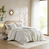 3 PCS Full/Queen Cotton Printed Duvet Cover Set with Chenille Sage/Ivory
