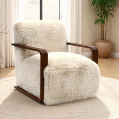 Contemporary Style 1pc Accent Chair Short Soft Faux Fur Retro Inspired Curve Wooden Arms Tight Seat And Back Beige Finish Primary living Room