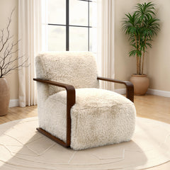 Contemporary Style 1pc Accent Chair Short Soft Faux Fur Retro Inspired Curve Wooden Arms Tight Seat And Back Beige Finish Primary living Room