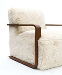 Contemporary Style 1pc Accent Chair Short Soft Faux Fur Retro Inspired Curve Wooden Arms Tight Seat And Back Beige Finish Primary living Room