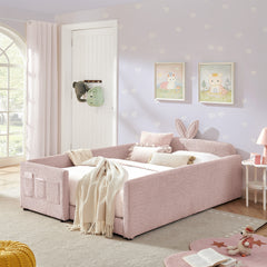 Full Size Upholstered Platform Bed with Cute Rabbit Ear Shaped Headboard, with Safety Rail and Pocket, Boucle Fabric, Pink
