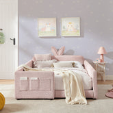 Full Size Upholstered Platform Bed with Cute Rabbit Ear Shaped Headboard, with Safety Rail and Pocket, Boucle Fabric, Pink
