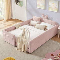 Full Size Upholstered Platform Bed with Cute Rabbit Ear Shaped Headboard, with Safety Rail and Pocket, Boucle Fabric, Pink