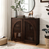 Mid Century Modern Fluted Sideboard Cabinet with 2 Outlet Holes, Buffet Cabinet with Storage, Narrow Side Cabinet for Living Room Entryway Hallway Kitchen Coffee Bar, Dark Walnut