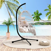 Foldable Hanging Egg Chair with Stand and Pillow, HDPE Rattan and Heavy Duty Aluminum-Steel Frame, Outdoor Patio Wicker Swing Egg Chair with Headrest and Cushioned, 350 Lbs Capacity (White)