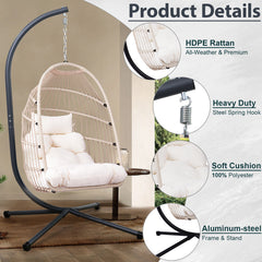 Foldable Hanging Egg Chair with Stand and Pillow, HDPE Rattan and Heavy Duty Aluminum-Steel Frame, Outdoor Patio Wicker Swing Egg Chair with Headrest and Cushioned, 350 Lbs Capacity (White)