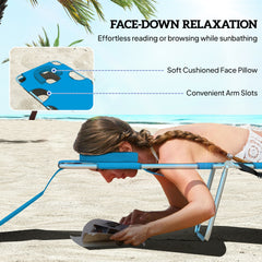 Outsunny Tanning Chair with Face Hole, 5-Level Adjustable Outdoor Chaise Lounge Chair with Pillow for Beach, Pool, Light Blue