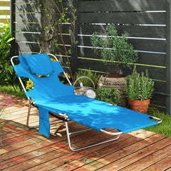 Outsunny Tanning Chair with Face Hole, 5-Level Adjustable Outdoor Chaise Lounge Chair with Pillow for Beach, Pool, Light Blue